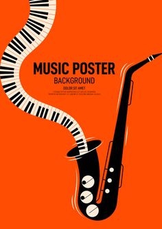 an abstract music poster with the image of a saxophone and piano keys on an orange background