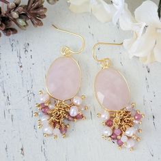 Pink Quartz, Tourmaline, Pearl and Morganite Earrings - Nicki Lynn Jewelry Elegant Rose Quartz Gemstone Earrings, Elegant Teardrop Rose Quartz Earrings, Elegant Rose Quartz Drop Earrings, Pink Gemstone Accented Earrings For Weddings, Pink Gemstone Earrings For Wedding, Pink Gemstone Wedding Earrings, Pink Wedding Earrings With Gemstone Accents, Elegant Gemstone Beads Dangle Earrings, Pink Rose Quartz Earrings With Natural Stones