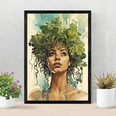 a painting of a woman's face with green leaves on her head, surrounded by potted plants