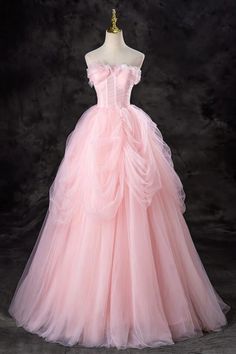 Step into a dream with this Fairytale Pink Tulle Ball Gown. This enchanting dress features a romantic off-shoulder neckline adorned with delicate ruffles, creating a whimsical and ethereal look. The fitted bodice is designed with a corset-like structure, providing both support and a flattering silhouette, making you feel like a princess.The voluminous skirt is crafted from layers of soft pink tulle that cascade gracefully to the floor, adding a sense of movement and elegance to your every step. Gorgeous Pink Dresses, Wedding Pink Dress Bridesmaid, Sweet Sixteen Dresses Long Princesses, Long Poofy Dresses, Pink Dress For Sweet 16, Pink Sweet Sixteen Dress, Hot Pink Puffy Dress, Sweet 16 Big Dresses, Pink Prom Dresses Poofy