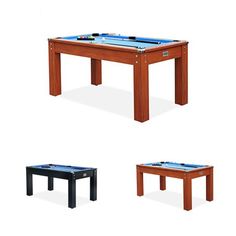 four different pool tables in various positions on a white background, including one black and one blue