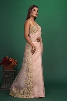 Score high on the fashion meter by wearing this baby pink colored casual wear saree. This saree is made of organza fabric, which is lightweight and assures the wearer a perfect fit & comfort. saree comes with unstitched organza fabric blouse piece. this saree beautified with embroidered border and latest trend & fashion as shown. ideal for casual, kitty parties, functions, outing & weekend. Pair it up with ready blouse heels & stylish accessories. DISCLAIMER:- The shown stitched blouse on the mo Pink Designer Saree, Fashion Journals, Embroidered Border, Elegant Baby, Wear Saree, Traditional Fabric, Organza Saree, Organza Fabric, Latest Trend