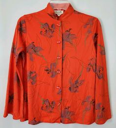 Lovely Vintage Rhoda Lee Blouse Asian Inspired, Red With Purple and Gold Floral Pattern Red, Bamboo Shaped Buttons Bell Sleeves Size 8 Red Printed Button-up Top, Fitted Orange Long Sleeve Shirt, Fitted Long Sleeve Orange Shirt, Red Long Sleeve Blouse, Spring Vintage Top With Stand Collar, Vintage Stand Collar Top For Spring, Red Collared Blouse For Spring, Red Fitted Printed Shirt, Fitted Printed Red Shirt