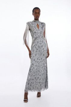 Petite Embellished Beaded Cap Sleeve Woven Maxi Dress | Karen Millen Glamorous Evening Mother Of The Bride Maxi Dress, Elegant Festive Maxi Dress, Embellished Maxi Dress For Evening, Glamorous Sparkling Evening Maxi Dress, Elegant Festive Long Maxi Dress, Elegant Maxi Dress For Holiday Evenings, Glamorous Beaded Fringe Evening Dress For Formal Events, Embellished Maxi Evening Dress, Embellished Maxi Length Evening Dress