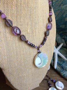 Artisan Wire Wrapped Jewelry For Beach, Purple Dangle Jewelry For Beach, Handmade Purple Beach Jewelry, Artisan Wire Wrapped Beach Jewelry, Artisan Nickel-free Jewelry For Beach, Bohemian Shell-shaped Beaded Necklace Gift, Lavender Beach, Multicolor Shell-shaped Necklaces For Beach, Beach Rainbow