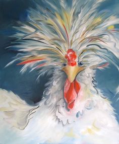 a painting of a rooster with feathers on it's head and tail, in front of a blue background