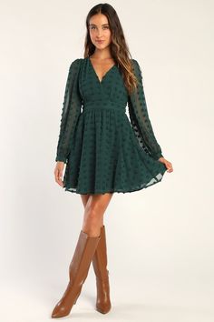 Always on Repeat Emerald Green Clip Dot Long Sleeve Mini Dress Emerald Green Mini Dress, Plus Size Skater Dress, Green Formal Dresses, Dot Texture, Lulu Fashion, A Line Mini Skirt, Green Mini Dress, Grad Dresses, On Repeat