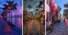 three different pictures of palm trees and buildings at dusk, with lights strung from the windows