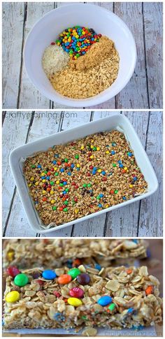 three different pictures of cereal bars with sprinkles on top and in the bottom