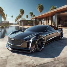 a futuristic car is parked in front of a house with palm trees on the other side