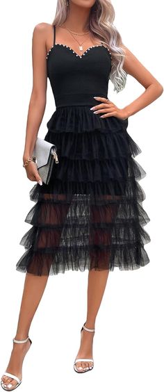 This elegant Black Tiered Ruffle Mesh Cocktail Party Dress features delicate tiers of ruffles and sheer mesh detail for a stunning and sophisticated look. The perfect choice for any cocktail party, this dress combines style and comfort with its flowing design and breathable material. Stand out and make a statement with this must-have piece. 95% Polyester, 5% Elastane Machine Wash, Dry Clean Only Note: Slightly stretchy, soft, comfortable and skin friendly Detail: Tiered layer, elegant, high wais