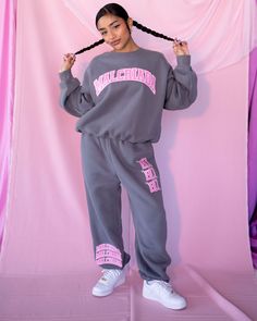 Stay cute & spoilt in our latest Malcriada Varsity Sweats! Show them off solo or pair them with the matching Malcriada Varsity Sweater. We customized these sweats to have a baggy fit, so size down if you like your look a little more fitted. 40% Cotton 60% Polyester Sweat Suits, Varsity Sweater, Dope Outfits, Sweat Pants, Baggy Fits, Hoodie Design, Pink Sweater, Kids' Dresses, Grey Sweater