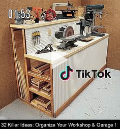 there is a small work bench with tools on it