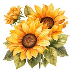 three yellow sunflowers with green leaves and buds on a white background, watercolor painting