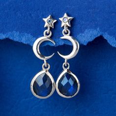 These celestial moon and star sterling silver Labradorite earrings are pure magic! Inspired by the night sky, these earrings feature crescent moons and stars with a stunning genuine Labradorite gem. Wear these on a beautiful night out or let them add a bit of glam to casual outfit. Labradorite can symbolize self-love, spiritual protection and intuition.*Our jewelry features natural, genuine gemstones, ensuring each piece is unique and one-of-a-kind. Please note that, as no two gemstones are iden Blue Moon-shaped Sterling Silver Earrings, Celestial Star-shaped Sterling Silver Jewelry, Blue Moon Shaped Sterling Silver Earrings, Sterling Silver Celestial Earrings For Gift, Magical Sterling Silver Moon Phase Jewelry, Celestial Sterling Silver Earrings, Celestial Moon-shaped Matching Earrings, Celestial Moon-shaped Matching Earrings Jewelry, Sterling Silver Spiritual Earrings With Moon Charm