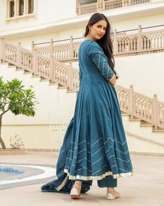 Dress Set Anarkali Style - Riddhi - www.riafashions.com Gota Work, Palazzo Suit, Cotton Dupatta, Anarkali Suit, Home Dress, Bottle Green, Dress Set, Suit Set, Anarkali