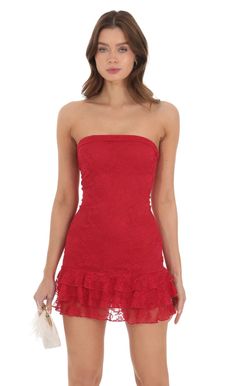 Lace Strapless Bodycon Dress in Red | LUCY IN THE SKY Los Angeles, Angeles, Red Hoco Dresses, Winter Formal Dresses Short, Red Hoco Dress, Red Lace Mini Dress, Unique Homecoming Dresses, Red Rose Dress, Short Red Prom Dresses