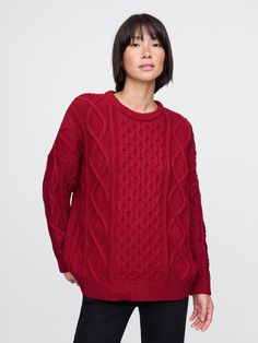 Soft cotton pullover cable-knit sweater.  Ribbed crewneck.  Long sleeves with drop shoulders.  Fit: Over Flowy Fashion, Red Knitted Sweater, Red Cable Knit Sweater, Red Knit Sweater, Crochet Clothing, Cable Sweater, Cotton Pullover, Navy Sweaters, Sled