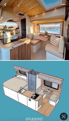 the inside and outside view of a motor home