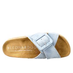 Women's sandals with double woven buckle

Light blue suede

Cork and rubber sole

Padded insole

Made in Italy

Composition:
 Upper: 100% Suede
 Lining: 100% Leather
 Bottom: Cork and rubber
 Insole: 100% Leather Blue Leather Slide Sandals, Summer Suede Sandals With Tang Buckle, Suede Slide Sandals With Buckle Closure, Suede Footbed Sandals With Tang Buckle And Round Toe, Suede Sandals With Tang Buckle And Round Toe, Blue Leather Footbed Sandals For Summer, Suede Sandals With Buckle Closure For Beach, Suede Slip-on Sandals With Buckle Closure, Beach Suede Double Strap Footbed Sandals