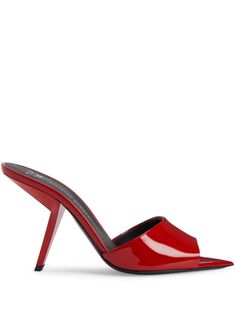 red calf leather patent finish peep toe pointed toe slip-on style branded leather insole leather sole high sculpted heel Grunge Chic, Heels Aesthetic, Giuseppe Zanotti Shoes, Fancy Shoes, Shoe Inspo, Slipper Sandals, Leather Mules, Dream Shoes, Mules Shoes