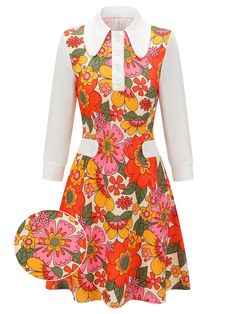 Orange 1960s Lapel Flowers Patchwork Dress – Retro Stage - Chic Vintage Dresses and Accessories Lapel Flowers, Style Vert, Retro Stage, Lapel Flower, Standard Dress, 1960's Dress, Spandex Dress, Fashion Board, Patchwork Dress