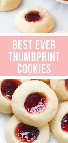 homemade thumbprint cookies on a plate with jam in the middle and text overlay that reads homemade thumbprint cookies