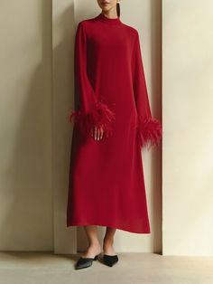 Midi dress with large pleats :: LICHI - Online fashion store Anniversary Dresses, Straight Midi Dress, Dress With Feathers, Anniversary Dress, Christmas Attire, Feather Decor, Elegant Midi Dresses, Pearl Dress, Online Fashion Store