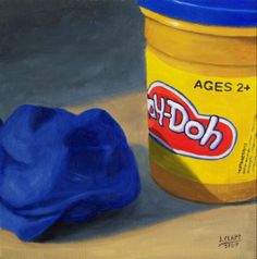 a painting of a blue hat next to a jar of peanut butter