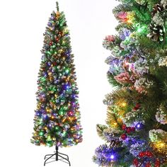 two artificial christmas trees with multicolored lights are shown in front of each other