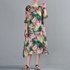 Loose Round Neck Half Sleeve Printed Dress Two Pieces - Omychic Green A-line Chiffon Summer Dress, Bohemian Chiffon Dress For Summer Garden Party, Spring Bohemian Chiffon Midi Dress, Chic Beige Chiffon Dress For Summer, Chic Beige Chiffon Summer Dress, Summer Vacation Midi-length Chiffon Dress, Summer Vacation Midi Chiffon Dress, Bohemian Chiffon Midi Dress For Summer, Green A-line Chiffon Dress For Summer