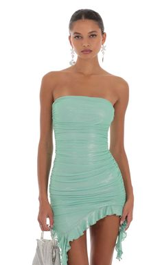 Shimmer Strapless Dress in Green | LUCY IN THE SKY Aqua Dress Short, Aqua Hoco Dress, Birthday Dresses Summer, Unique Homecoming Dresses Short, Turquoise Hoco Dress, Mini Dress Birthday Outfit, Teal Hoco Dresses, Green Birthday Dress, Green Hoco Dresses