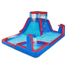 an inflatable water slide that is blue and red