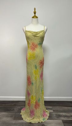 "Vintage 90's designer Bob Mackie Boutique floral beaded silk gown Size 10 Measurements (Rest-Stretched max) Bust 34\" - 40\" Waist 32\" - 38\" Hips 36\" - 42\" Length top of bust to hem 58\" *Lined. *Side zipper closure.  *100% silk shell, the lining is polyester material.  The colors of the dress appear more pastel toned in person.  In great condition with minor wear.  There are some loose threads / missing beads here and there. Couple small spots located on the very bottom of the dress, not n Fitted Bias-cut Gown For Spring, Silk Floral Print Evening Dress For Summer, Spring Embellished Silk Gown, Silk Evening Dress With Floral Print, Fitted Silk Evening Dress With Floral Print, Fitted Silk Gown For Summer, Beaded Evening Dress For Summer, Beaded Silk Summer Dress, Summer Silk Beaded Dresses