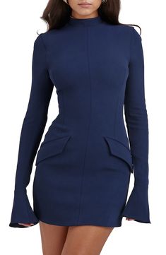 Long fluted sleeves frame this stem-showing dress designed in a close-fitting silhouette with a high neckline. Exclusive retailer Hidden back-zip closure Mock neck Long sleeves Decorative front flap pockets 96% viscose, 4% elastane Dry clean Imported Fitted High Neck Bodycon Dress With Back Zipper, Fitted Blue Bodycon Dress With Back Zipper, Elegant Mini Dress, Club Party Dresses, Body Con Dress, Mini Robes, Mini Dresses For Women, Blue Mini Dress, Women Cargos