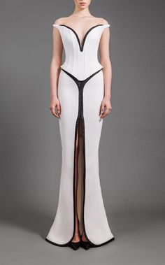 Jean Louis Sabaji 60077 White Jean Louis Sabaji, Futuristic Dress, Futuristic Outfits, Structured Corset, Corset Gown, Crepe Skirt, Crepe Skirts, Column Skirt, Stripped Dress