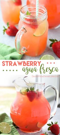 strawberry agua fresca in a pitcher with strawberries