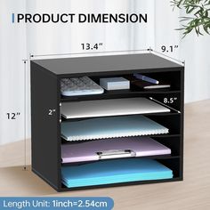 an image of a computer desk with various items on it and the measurements for each shelf