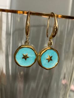 18k gold plated turquoise blue enamel Victorian star charm panel earrings  The earwires are nickel free,18k gold rhodium plated on a copper base metal 14k Gold Filled Earrings With Star Charm As Gift, Gold Dangle Jewelry With Star Charm, Handmade Yellow Gold Enamel Jewelry, Dainty Blue Jewelry With Star Charm, Adjustable Dangle Jewelry With Star Charm, Celestial Single Earring Jewelry Gift, Adjustable Dangle Star Charm Jewelry, Adjustable Turquoise Jewelry With Star Charm, Celestial Drop Earrings Gift