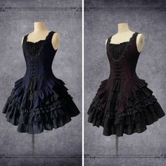 An item that will make you look like a mysterious and elegant young lady. A sleeveless lace-up top richly decorated with lace embroidery and a tiered skirt that catches the eye with its elegant volume. Like an aristocratic lady from medieval Europe. 
 
 

 

 
 
 
 Item 
 
 Tops (Navy) 
 Top (wine red) 
 Tops (Purple) 
 Skirt 
 
 
 Size 
 
 Tops
 
 XS size
 
 Length: 68cm 
 Bust: 84cm 
 Waist: 69cm 
 
 
 S size 
 
 
 Length: 69cm 
 Bust: 88cm 
 Waist: 73cm 
 
 M size 
 
 Length: 70cm 
 Bust: 92c Ruffled Dresses With Fitted Bodice Overbust, Dresses With Ruffles And Fitted Bodice, Ruffled Dress With Fitted Bodice, Lace Dresses With Ruffled Tiered Skirt, Fitted Lace Dresses With Tiered Skirt, Fitted Lace Dress With Ruffled Skirt, Elegant Sleeveless Corset Dress With Ruffle Hem, Fitted Gothic Dress For Dress-up, Gothic Fitted Dress For Dress-up