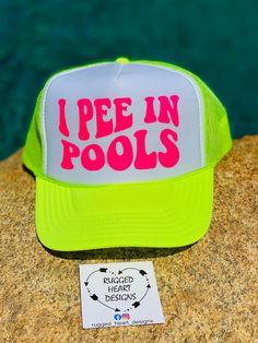 I Pee In Pools  Get ready to soak up the sun in style with our Summer Vibes Trucker Hat! Whether you're hitting the beach, lounging by the pool, or enjoying a backyard BBQ, this hat is the perfect accessory to keep you cool and on-trend all summer long.  Funny Summer Hat. How To Order 1. Select Desired Color Of Hat 2. Select Desired Color OF Wording Please follow us on Instagram or Facebook @rugged_heart_designs for other inspirations. I Pee In Pools Hat, Summer Sun Hat With Uv Protection For Pool, Fun Spring Hats With Uv Protection, Fun Trucker Hat For Vacation In Spring, Fun Trucker Hat For Spring Vacation, Fun Spring Vacation Trucker Hat, Summer Trucker Hat For Vacation In Spring, Spring Vacation Fun Trucker Hat, Summer Hats For Sunbathing And Beach Season