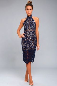 Dresses for Women | Best Women's Dresses Online Dirndl, Georges Chakra, Couture, Haute Couture, Blue Lace Midi Dress, Navy Blue Lace Dress, Lace Halter Dress, Blue Dress Formal, Blue Cocktail Dress