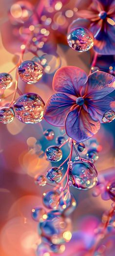 an image of flowers that are floating in the air with water droplets on them,