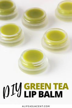 Learn how to make the best DIY green tea lip balm! This tea infused lip balm recipe is a soothing and moisturizing treat for your lips, and it's so easy to make! It's made with REAL green tea to help protect and repair dry lips. Plus, optional essential oils for fragrance. This simple tutorial also includes free printable labels that are perfect for gift giving. Natural recipe made without coconut oil or beeswax. | alifeadjacent.com Green Tea Lip Balm, Diy Green Tea, Lip Balm Recipe, Lavender Latte, Diy Lip Balm Recipes, Balm Recipe, Green Lips, Lip Balm Recipes, Natural Beauty Recipes