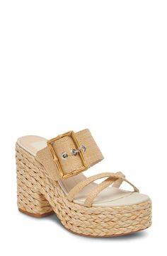 Breezy raffia tops the straps and wraps the hardy block heel and platform of this bold sandal that will take any look to a sunnier place. 3 3/4" heel; 1 1/2" platform Raffia textile upper/synthetic lining and sole Imported Summer Wedge Sandals With Stacked High Heel, Beige Straw High Heels, Open Toe Straw Wedge Sandals With Heel Strap, Chic Straw High Heel Sandals, Chic Straw Open Toe Heels, Beach Wedge Sandals With Heel Strap In Natural Color, Vacation Sandals With Heel Strap And Block Heel, Chic Summer Wedge Sandals With Stacked Heel, Summer Platform Mules With Ankle Strap