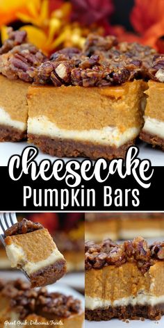 cheesecake pumpkin bars with pecans on top and the words cheesecake pumpkin bars above it