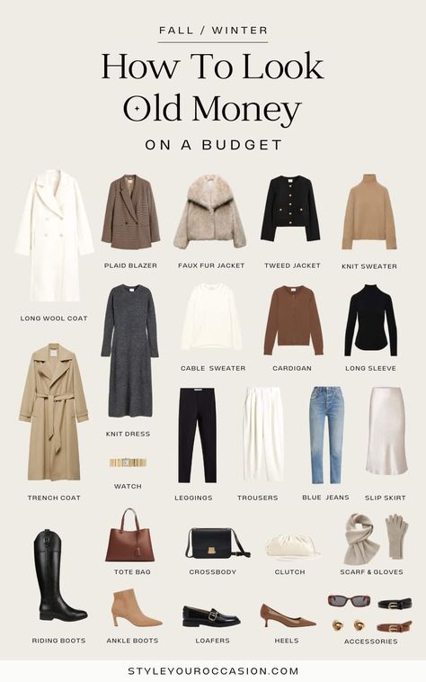 How To Dress 'Old Money' On A Budget: Fall & Winter [2024] Winter Wear Styles For Women, Rich Person Outfit, Minimal Old Money Outfit, Old Money Fall Capsule 2024, What Vibe Do I Give Off Outfit, How To Style My Clothes Outfit Ideas, Preppy Style Capsule Wardrobe, Winter Aesthetic Clothing, Fall Old Money Outfits 2024