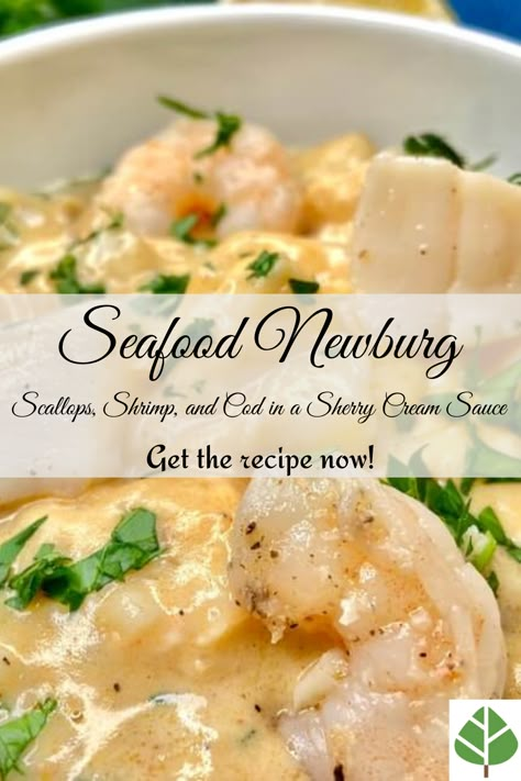 Seafood Newburg Recipe (Scallops, Shrimp, and Cod in a Sherry Cream Sauce) Easy Seafood Crockpot Recipes, Seafood Gratin Recipe, Seafood Ideas For Christmas, Newburg Sauce Recipe, Seafood Newburg Recipe Easy, Mixed Seafood Recipes For Dinner, Seafood Recipes Sauce, Seafood Imperial Recipes, Seafood Au Gratin Recipes