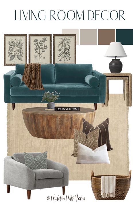 Living room design board with a teal sofa, neutral jute rug, and rich brown wood coffee table! Neutral complimenting tones throughout Turquoise Sofa Living Room Inspiration, Teal Tan And Grey Living Room, Turquoise Accents Living Room, Teal Inspired Living Room, Blue Teal Couch Living Room, Teal Sofa Decor Living Rooms, Living Room Teal Sofa Decor, Aqua And Brown Living Room, Neutral Living Room With Teal Accents