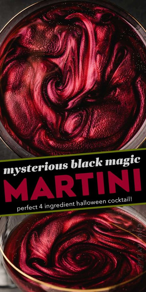 This spooky and mysterious black magic martini is made with just 4 ingredients (including optional garnishes) and is absolutely perfect for Halloween! Stir in edible luster dust to give your vodka martini eerie and mystical swirls! Black Vodka Halloween Drinks, Dark Drinks Alcohol, Cute Halloween Cocktails, Bonefish White Cranberry Martini, Pirate Cocktail Recipes, Black Cherry Martini, 90s Alcoholic Drinks, Cool Halloween Drinks, Masquerade Drinks Cocktails